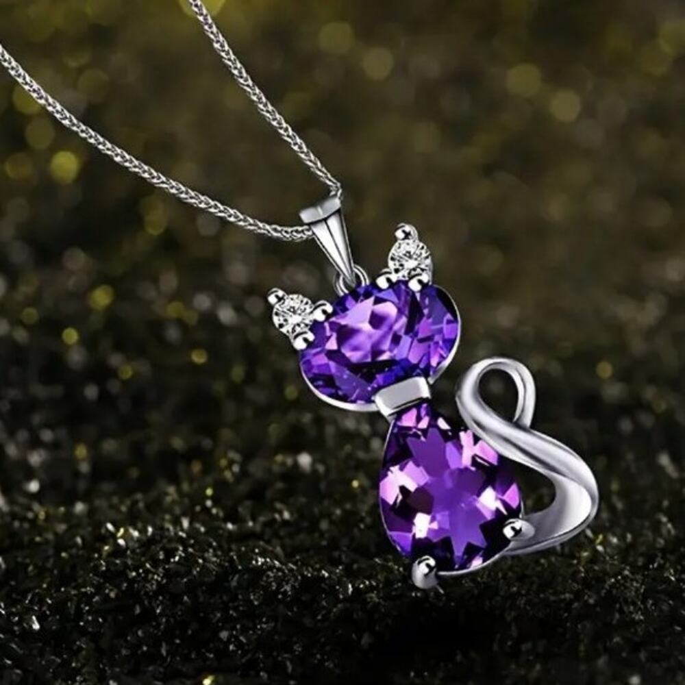 925 Sterling Silver Necklace w/ Cat Kitten Purple Synthetic Amethyst Pendant NEW